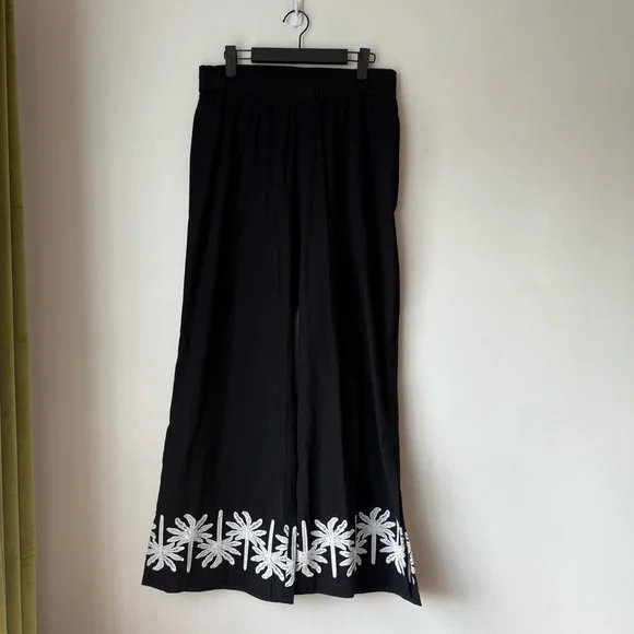 Johnny Was Workshop Hannah Black Palm Tree Embroidered Wide Leg Pants S NWT - Picture 6 of 9